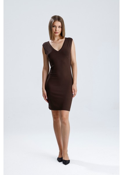 V Yaka Kolsuz Viskon Elbise | ELB35023 Kahve fiyatları