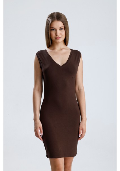 V Yaka Kolsuz Viskon Elbise | ELB35023 Kahve modelleri