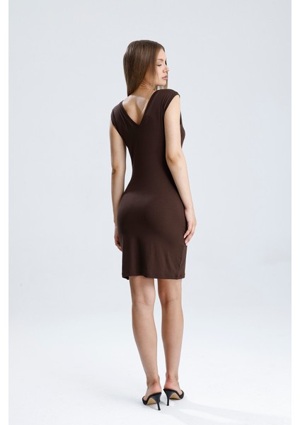 V Yaka Kolsuz Viskon Elbise | ELB35023 Kahve indirimleri