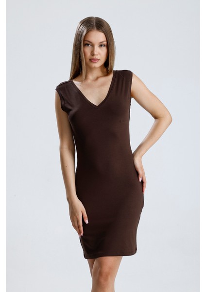 V Yaka Kolsuz Viskon Elbise | ELB35023 Kahve