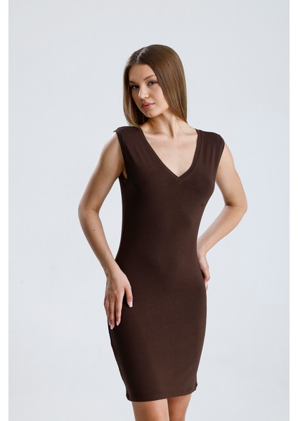 V Yaka Kolsuz Viskon Elbise | ELB35023 Kahve