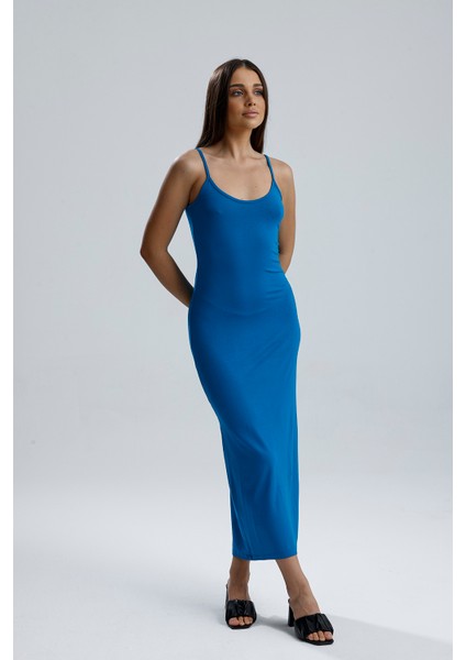 Yırtmaçlı Askılı Likralı Viskon Elbise | ELB35782 Petrol