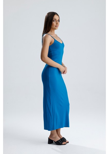 Yırtmaçlı Askılı Likralı Viskon Elbise | ELB35782 Petrol modelleri