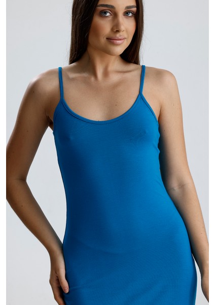 Yırtmaçlı Askılı Likralı Viskon Elbise | ELB35782 Petrol fırsatları