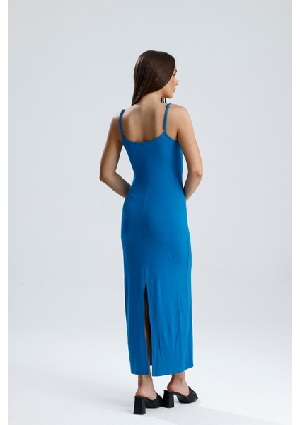 Yırtmaçlı Askılı Likralı Viskon Elbise | ELB35782 Petrol indirimleri