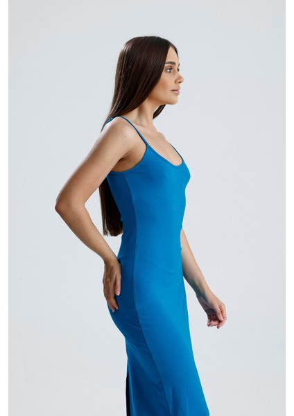 Yırtmaçlı Askılı Likralı Viskon Elbise | ELB35782 Petrol