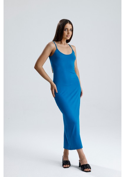 Yırtmaçlı Askılı Likralı Viskon Elbise | ELB35782 Petrol