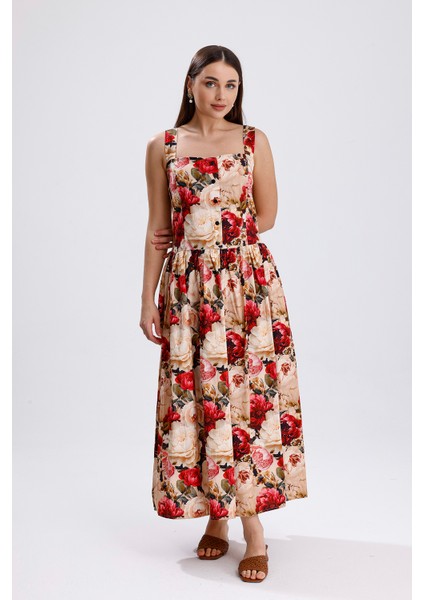 Bel Kemerli Önü Düğmeli Çiçekli Uzun Elbise | ELB36268 Büyük Güllü