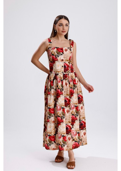 Bel Kemerli Önü Düğmeli Çiçekli Uzun Elbise | ELB36268 Büyük Güllü fiyatları