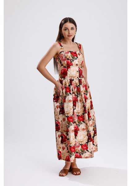 Bel Kemerli Önü Düğmeli Çiçekli Uzun Elbise | ELB36268 Büyük Güllü modelleri