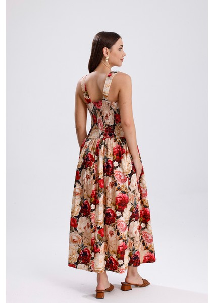 Bel Kemerli Önü Düğmeli Çiçekli Uzun Elbise | ELB36268 Büyük Güllü fırsatları