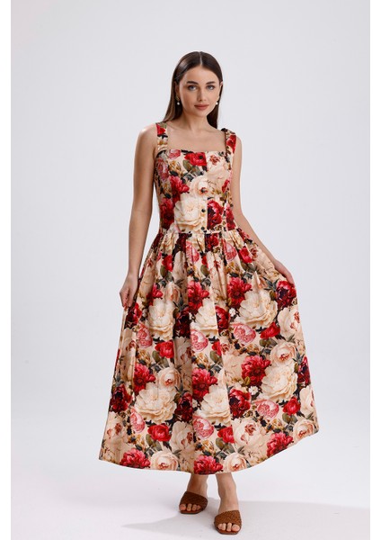 Bel Kemerli Önü Düğmeli Çiçekli Uzun Elbise | ELB36268 Büyük Güllü indirimleri