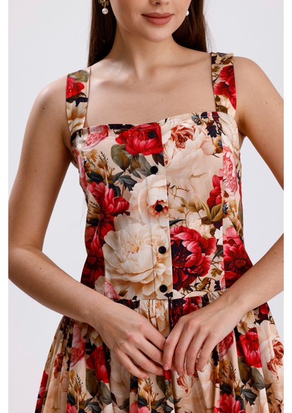 Bel Kemerli Önü Düğmeli Çiçekli Uzun Elbise | ELB36268 Büyük Güllü