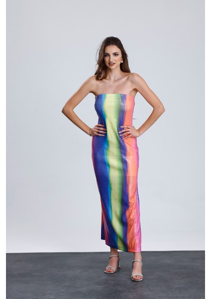 Astarlı Straplez Abiye Pul Payet Elbise | ELB34886 Gökkuşağı