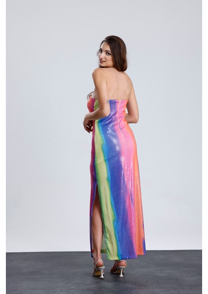 Astarlı Straplez Abiye Pul Payet Elbise | ELB34886 Gökkuşağı fiyatları