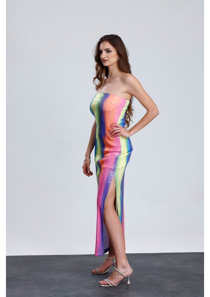 Astarlı Straplez Abiye Pul Payet Elbise | ELB34886 Gökkuşağı modelleri