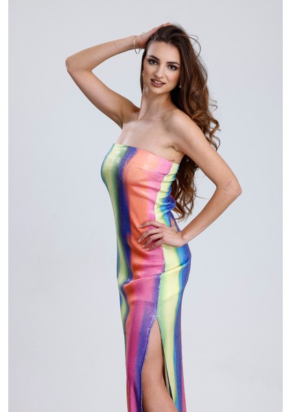 Astarlı Straplez Abiye Pul Payet Elbise | ELB34886 Gökkuşağı fırsatları