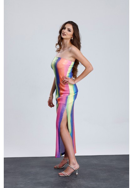 Astarlı Straplez Abiye Pul Payet Elbise | ELB34886 Gökkuşağı