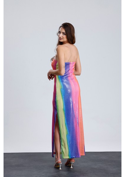 Astarlı Straplez Abiye Pul Payet Elbise | ELB34886 Gökkuşağı