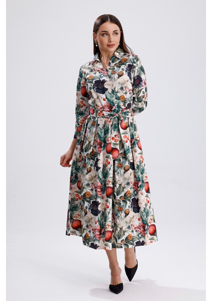 Önü Düğmeli Karışık Çiçek Baskılı Uzun Elbise | ELB36265 Karışık Çiçekli