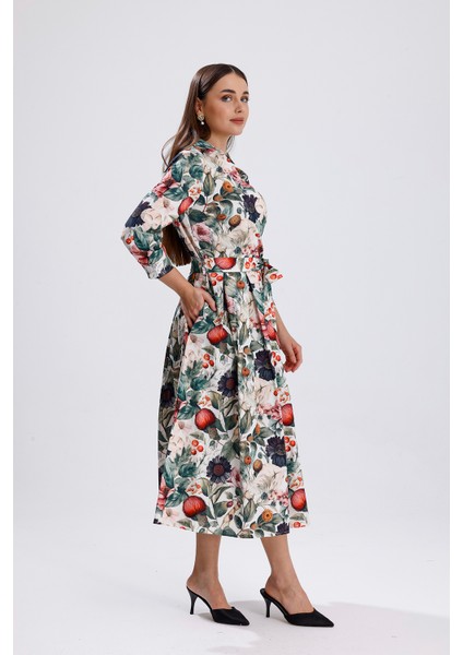 Önü Düğmeli Karışık Çiçek Baskılı Uzun Elbise | ELB36265 Karışık Çiçekli fırsatları