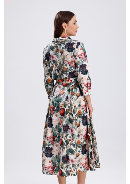 Önü Düğmeli Karışık Çiçek Baskılı Uzun Elbise | ELB36265 Karışık Çiçekli indirimleri