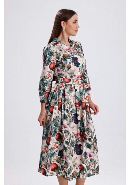 Önü Düğmeli Karışık Çiçek Baskılı Uzun Elbise | ELB36265 Karışık Çiçekli