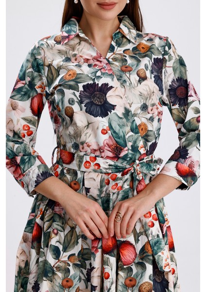 Önü Düğmeli Karışık Çiçek Baskılı Uzun Elbise | ELB36265 Karışık Çiçekli