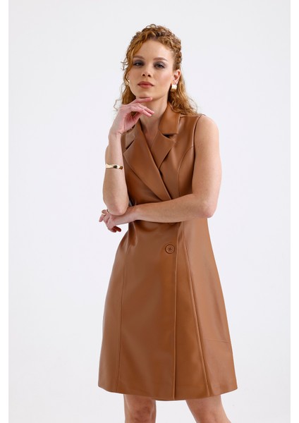 Suni Deri Astarlı Kruvaze Ceket Elbise ELB35943 Taba modelleri