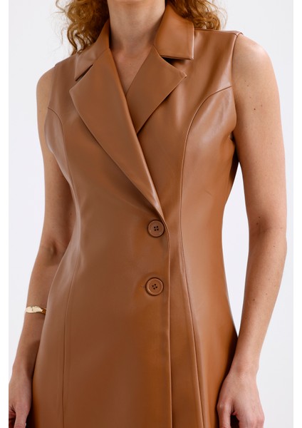 Suni Deri Astarlı Kruvaze Ceket Elbise ELB35943 Taba fırsatları