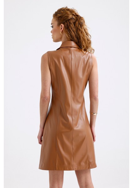 Suni Deri Astarlı Kruvaze Ceket Elbise ELB35943 Taba