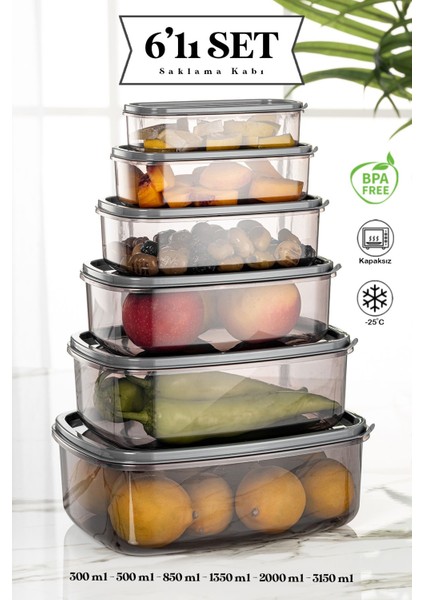 6'lı Dikdörtgen Şeffaf Saklama Kabı Seti, Gri, Şık ve Kullanışlı.