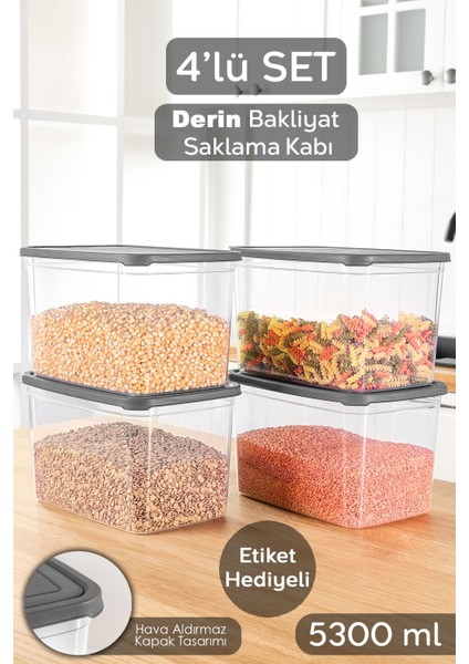 4 Adet Şeffaf Derin Saklama Kabı, 5300 Ml, Etiketli, Bakliyat ve Un Için Büyük Boy