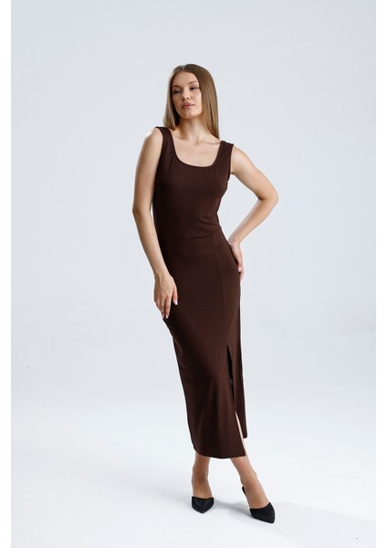 Kolsuz Kare Yaka Yırmaçlı Örme Viskon Elbise | ELB36253 Kahve modelleri