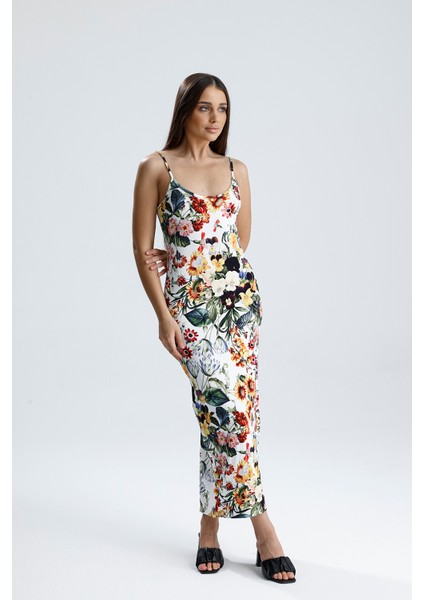 Yırtmaçlı Askılı Likralı Viskon Elbise | ELB35782 Ayçiçek Desen