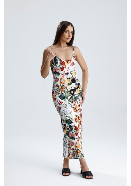 Yırtmaçlı Askılı Likralı Viskon Elbise | ELB35782 Ayçiçek Desen fiyatları