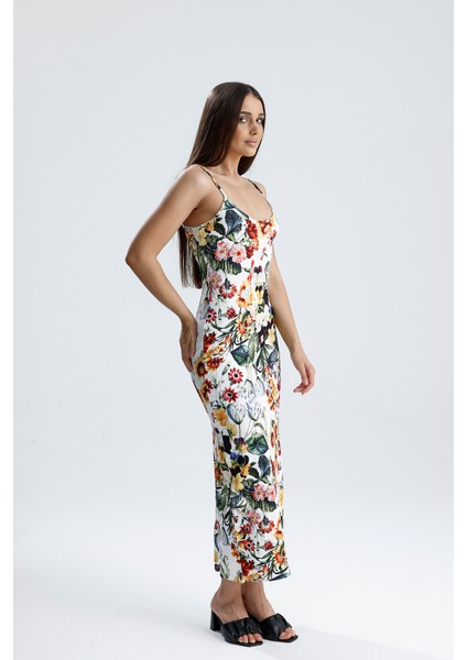 Yırtmaçlı Askılı Likralı Viskon Elbise | ELB35782 Ayçiçek Desen modelleri