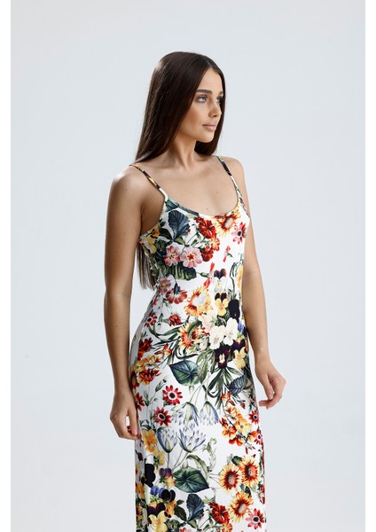 Yırtmaçlı Askılı Likralı Viskon Elbise | ELB35782 Ayçiçek Desen fırsatları
