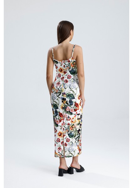 Yırtmaçlı Askılı Likralı Viskon Elbise | ELB35782 Ayçiçek Desen indirimleri