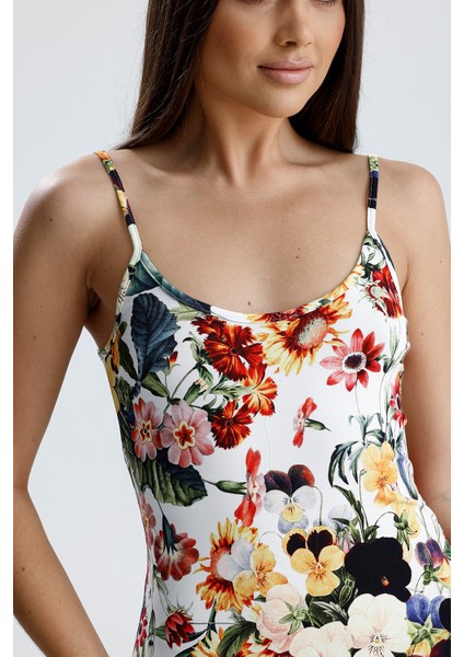 Yırtmaçlı Askılı Likralı Viskon Elbise | ELB35782 Ayçiçek Desen