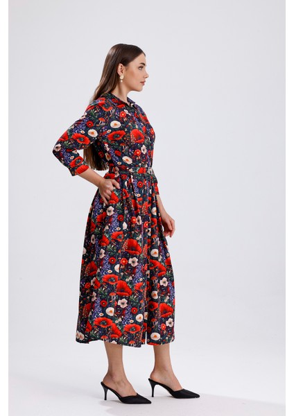 Yandan Cepli Kemerli Önü Düğmeli Uzun Elbise | ELB36264 Çiçek Desenli fiyatları