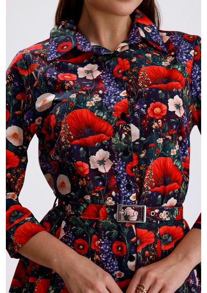 Yandan Cepli Kemerli Önü Düğmeli Uzun Elbise | ELB36264 Çiçek Desenli fırsatları