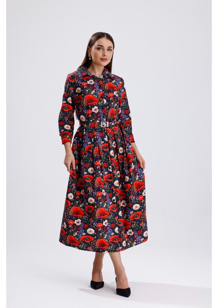 Yandan Cepli Kemerli Önü Düğmeli Uzun Elbise | ELB36264 Çiçek Desenli