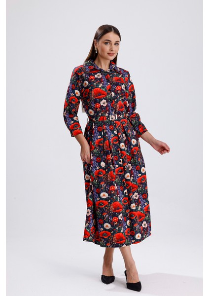 Yandan Cepli Kemerli Önü Düğmeli Uzun Elbise | ELB36264 Çiçek Desenli