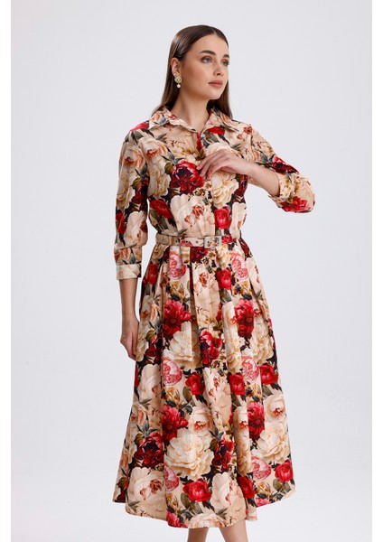 Önü Düğmeli Büyük Güllü Uzun Elbise | ELB36267 Büyük Güllü