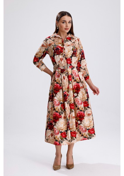 Önü Düğmeli Büyük Güllü Uzun Elbise | ELB36267 Büyük Güllü fiyatları