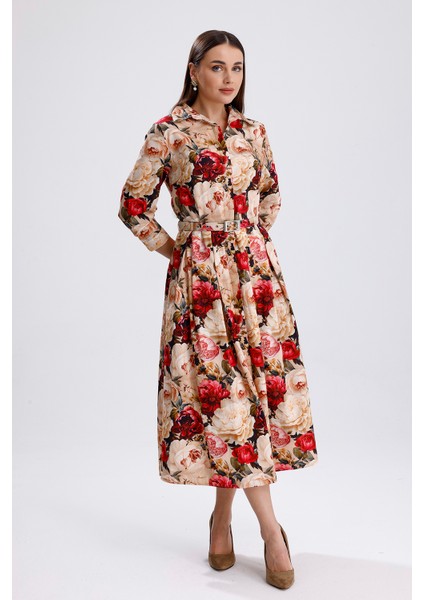 Önü Düğmeli Büyük Güllü Uzun Elbise | ELB36267 Büyük Güllü modelleri