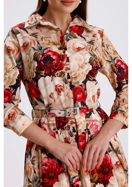 Önü Düğmeli Büyük Güllü Uzun Elbise | ELB36267 Büyük Güllü fırsatları