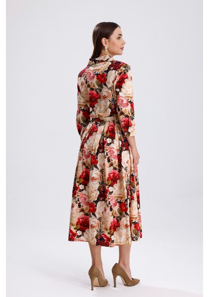 Önü Düğmeli Büyük Güllü Uzun Elbise | ELB36267 Büyük Güllü indirimleri