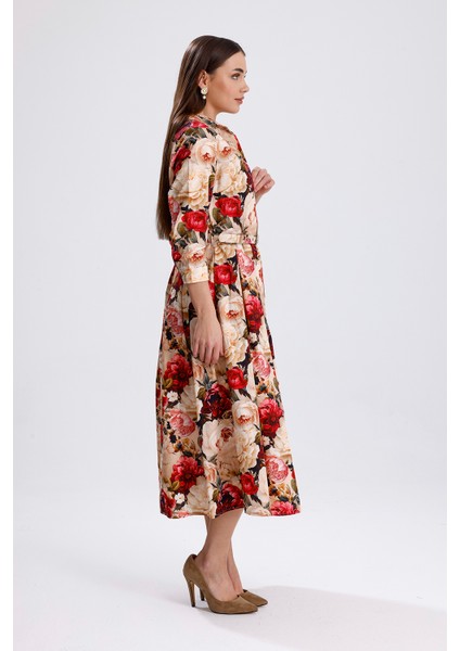 Önü Düğmeli Büyük Güllü Uzun Elbise | ELB36267 Büyük Güllü